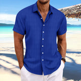 Cross-border men's linen striped jacquard casual loose short-sleeved shirt MartLion Royal blue XXL 