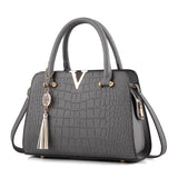 Women Handbags Tassel PU Leather Totes Bag Top-handle Embroidery Bag Shoulder Bag Lady Simple Style Crocodile pattern MartLion Gray 28x13x20cm 