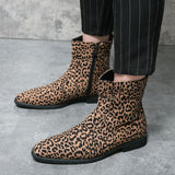 Men's Ankle Boots Suede Leather Leopard Pointed Toe Dress Shoes Zip Motorcycle Casual Party Footwear Mart Lion   