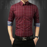 Autumn  Men's Social Shirt Slim Fit Long Sleeve Plaid Cotton Casual Brand Clothes Mart Lion Red M 