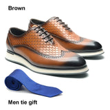 Men's Casual Sneaker Shoes Real Cow Leather Flat Oxfords Lace-up Snake Pattern Wing Tip Toe Brogue Footwear MartLion Brown EUR 38 