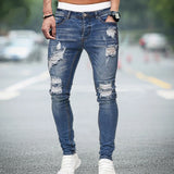 Men Jeans Knee Hole Ripped Stretch Skinny Denim Pants Solid Color Black Blue Summer MartLion JK8846X Blue S CHINA