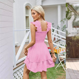 Summer Slim Fit Stretch Dresses Women Ruffle Trim Suspenders Dress Female Waist Pleated Hem Frock Casual Backless Gown MartLion   