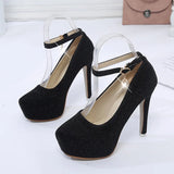 Wedding Shoes Women High Heels Pumps Bride Platform Super High Heel 12cm Black Silver MartLion   