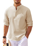 Cotton Linen Men's Long-Sleeved Shirts Spring Autumn Solid Color Stand-Up Collar Casual Beach Style MartLion   