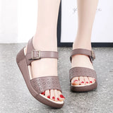 Microfiber Hollow Women's Sandals Ankle Buckle Strap Platform Soft Sole Walking Shoes Low Wedge MartLion   