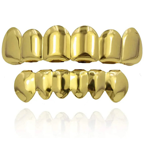 Hip Hop Gold Color Teeth Grills Set Men's Women Dental Jewelry Top Bottom Tooth Mouth Vampire Teeth Caps Cosplay Party Rapper MartLion   