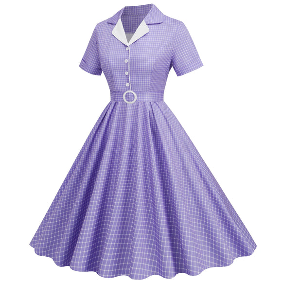 Vintage Dresses Slim Women Short Sleeve Notched Waistband Dress Girls Summer Lady MartLion   