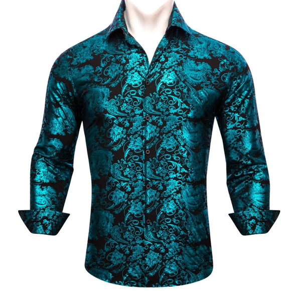  Luxury Designer Silk Men's Shirts Long Sleeve Blue Green Teal Embroidered Flower Slim Fit Blouse Casual  Tops Barry Wang MartLion - Mart Lion