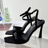 Liyke Crystal Buckle Ankle Strap Sandals Women Black Silk Square Toe Gladiator Heels Party Dress Shoes Mart Lion   