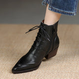 Winter Pointed Toe Women Boots Chunky Heel Shoes Short Retro Western Genuine Leather MartLion   