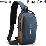 Men's Anti Theft Chest Bag Shoulder Bags USB Charging Crossbody Package School Short Trip Messengers Bags Oxford Sling Pack MartLion Blue 1818  