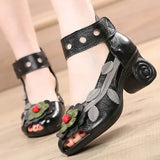 Genuine Leather Retro Style Chunky Heel Sandals Flower Open Toe Handmade Women High-Heeled Shoes MartLion   