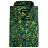 Luxury Shirts Men's Long Sleeve Silk Green Flower Slim Fit Tops Casual Button Down Collar Bloues Breathable Barry Wang MartLion   