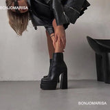 Bonjomarisa Women Thigh High Boots Double Platform Block High Heels Over The Knee Boots Zip Long Shoes MartLion black ankle boots 5 