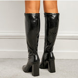 Liyke Black Knee High Boots Women Chunky Heels Casual Winter Motorcycle Long Shoes Square Toe Zip Cool Knight Mart Lion   