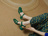 Summer Women Shoes Round Toe Sandals Casual Suede Roman Heels Green Genuine Leather Mid Heels MartLion   