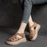 Summer Top Layer Cowhide Platform Closed Toe Roman Sandals Handmade Genuine Leather Casual Retro Buckle MartLion   