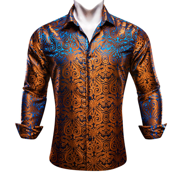 Luxury Shirts Men's Long Sleeve Silk Gold Blue White Black Red Green Purple Silver Paisley Embroidered Casual Blouses Lapel MartLion 0488 L 