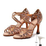 Latin Dance Shoes Women High Heels Diamond-encrusted Sandals Indoor Soft-soled Stage Game Party Social Ballroom Girl MartLion Brown 7cm heel 35 