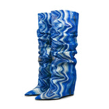 Color Blocking Plaid Pleated Sleeve Long Boots for Women with Slim High Heels and Seasonal MartLion 818-blue 47 