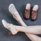 Summer Outdoor Wear Slippers Hollow Round Toe Genuine Leather Elegant Sandals Women MartLion   