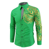 Men's Shirt Luxury Gold Long Sleeve Shirt White Black Dress Prom Social Print Mart Lion Green S 