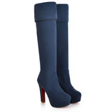 Women High Heels Slip On Over the Knee Long Boots Platform Ankle Patchwork Flock Two Ways Wear MartLion Blue 35 