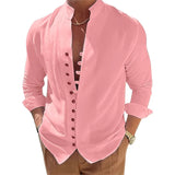 Men's Casual Shirts Linen Tops Loose and Comfortable Long Sleeve Beach Hawaiian Shirts MartLion pink1 S 