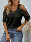 Shoulder Lace Short Sleeve Shirt Women V Neck Pullover Blouse MartLion black S 