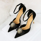 Liyke Design Chic Crystal Buckle Women Pumps Pointed Toe 10CM Thin High Heels Mules Sandal Female Sling back Shoes Black Mart Lion   