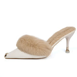 Fur Slippers Mules Pointed Toe Elegant High Heels Shoes Women's Autumn Furry Slides Flip Flops Office Work Luxury MartLion beige 8cm heels 39 