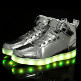 Men's and Women's High Top Board Shoes Children's Luminous LED Light Shoes Mirror Leather Panel MartLion Silver037 44 