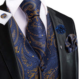 Hi-Tie Silk Vests Jacquard Waistcoat Neck Tie Hanky Cufflinks Brooch Set for Men's Suit Sleeveless Jacket Wedding MartLion MJ-3023-0060 S 