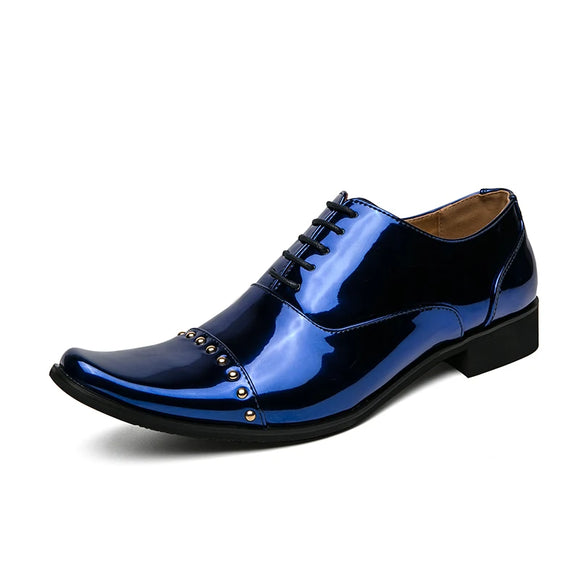 Chelsea Leather Men's Shoes Pointed Toe Lace-up Luxury Glossy Gold Mixed Rivet Stage Performance Casual MartLion blue 39 