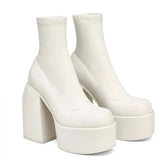 Morden Boots Women Platform Heels Round Toe Leather Boot Chunky Heels Zipper Designer Block Heel Shoes Girls Casual MartLion White 35 