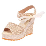 Lace Leisure Women Wedges Heeled Shoes Summer Sandals Party Platform High Heels Mart Lion Gold 34 