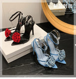 One Line Diamond Rose Blossom Thin High Heel Sandals French Denim Open Toe Women's Shoes MartLion   