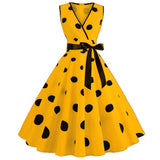 Polka Dot Summer Ladies Dress Vintage Retro With Sleeveless V-Neck  Robe Casual MartLion Yellow L 