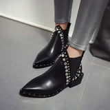 Women Shoes Leather Short Boots Pointed Chunky Heel Rivet Ankle Platform Heel MartLion   