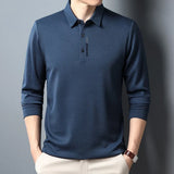 Men's Waffle Long Sleeved  t Shirt with  Lapel Casual Top MartLion Navy Blue L 