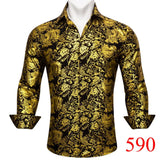 Luxury Silk Shirts Men's Long Sleeve Gold Black Floral Embroidered Regular Slim Fit Male Tops Regular Lapel Bloues Barry Wang MartLion   