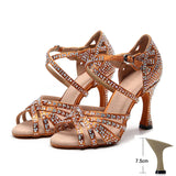 Latin Dance Shoes Women High Heels Diamond-encrusted Sandals Indoor Soft-soled Stage Game Party Social Ballroom Girl MartLion Brown 7.5cm heel 35 