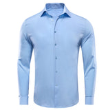 Hi-Tie Navy Royal Sky Blue Silk Men's Shirts Lapel Collar Long Sleeve Dress Shirt Jacquard Blouse Wedding MartLion SGCY-1056 S 