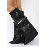 Denim Workwear Pocket Trouser Legs Show Large Knee Length Boots Women's Shark Lock Sleeve Skirt MartLion 6179-black 36 