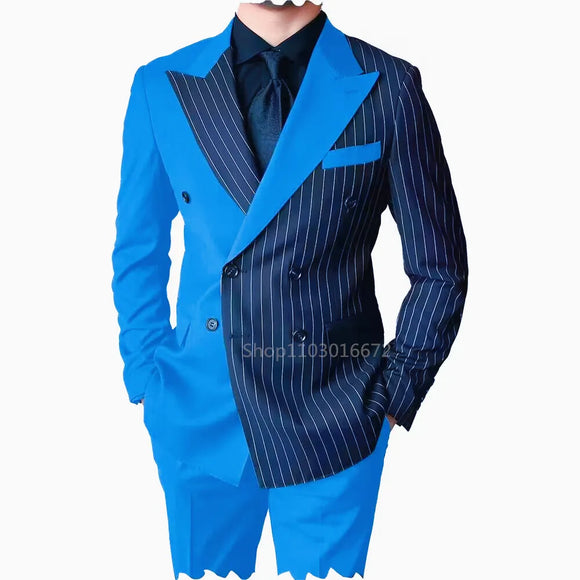 Blue and Striped Men's Suits For Wedding Slim Fit Peak Lapel Blazers Pants 2 Piece Formal Causal Groom Wear Homme MartLion dark blue XS (EU44 or US34) 