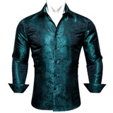 Luxury Blue Shirts Men's Solid Satin Embroidered Paisley Flower Long Sleeve Slim Fit Blouses Casual Lapel Tops Barry Wang MartLion   