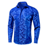 Hi-Tie Navy Royal Sky Blue Silk Men's Shirts Lapel Collar Long Sleeve Dress Shirt Jacquard Blouse Wedding MartLion   