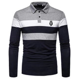 Men's Long Sleeved Polo Shirt Printed Lion Three Color Block Tops Golf Shirt Casual Lapel Top Clothes MartLion NavyBlue Grey S 