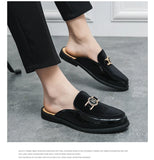 Men's Mules Leather Slipper Summer Walk Loafers Open Style Half Flat Shoes Casual Sandals Metal Lock Slides Moccasin MartLion   